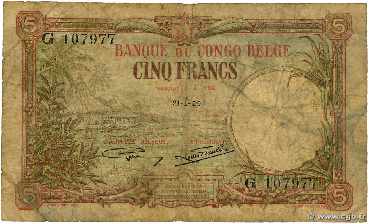 5 Francs CONGO BELGE  1929 P.08e B