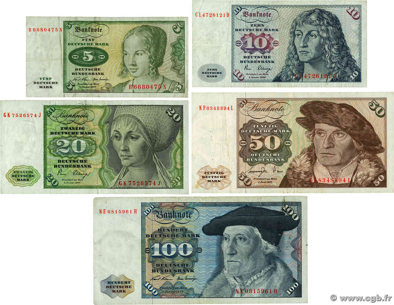 5 à 100 Deutsche Mark Lot ALLEMAGNE FÉDÉRALE  1970 P.30a, P.31d, P.32d, P.33br et P.34a TB