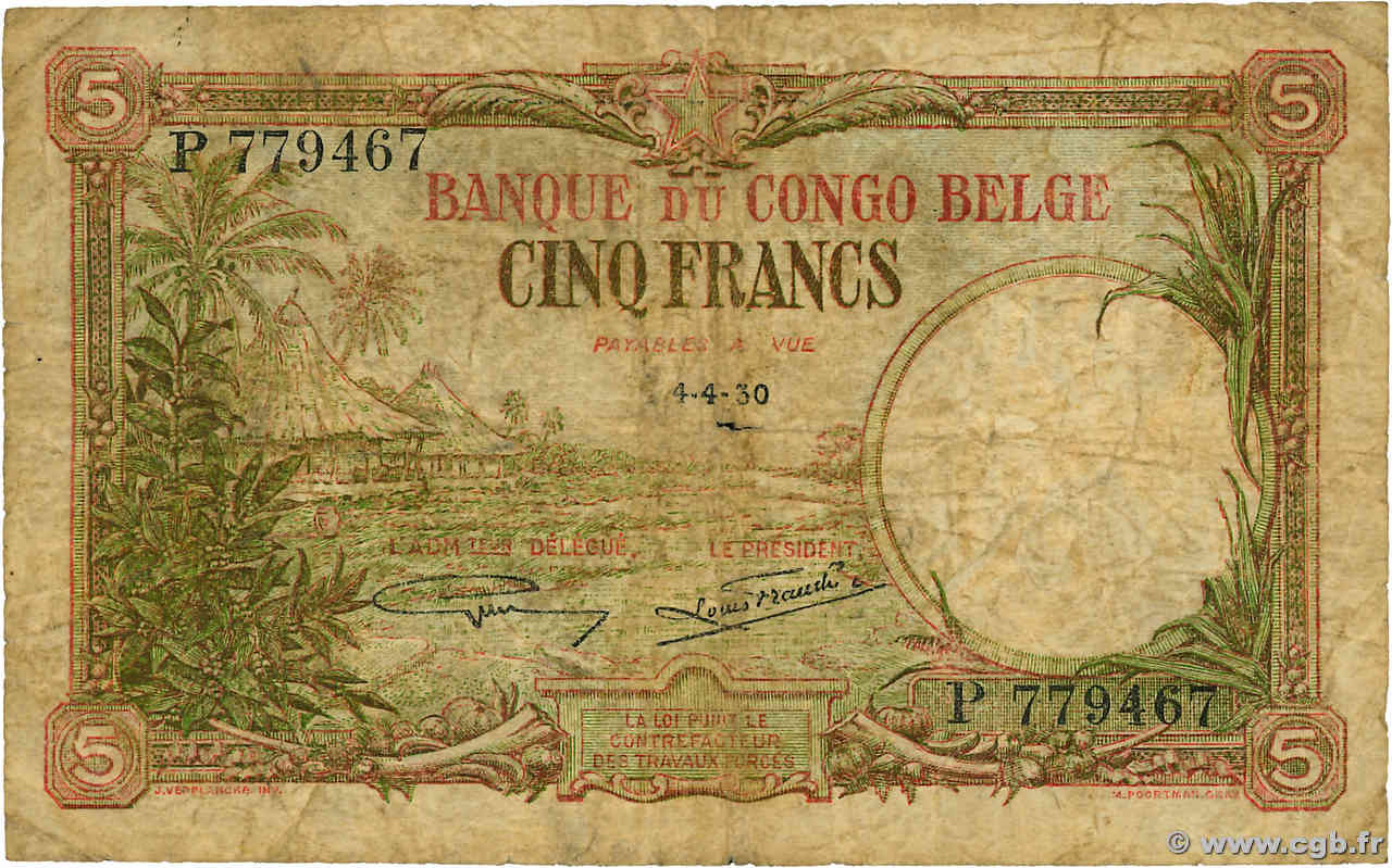 5 Francs CONGO BELGA  1930 P.08e B