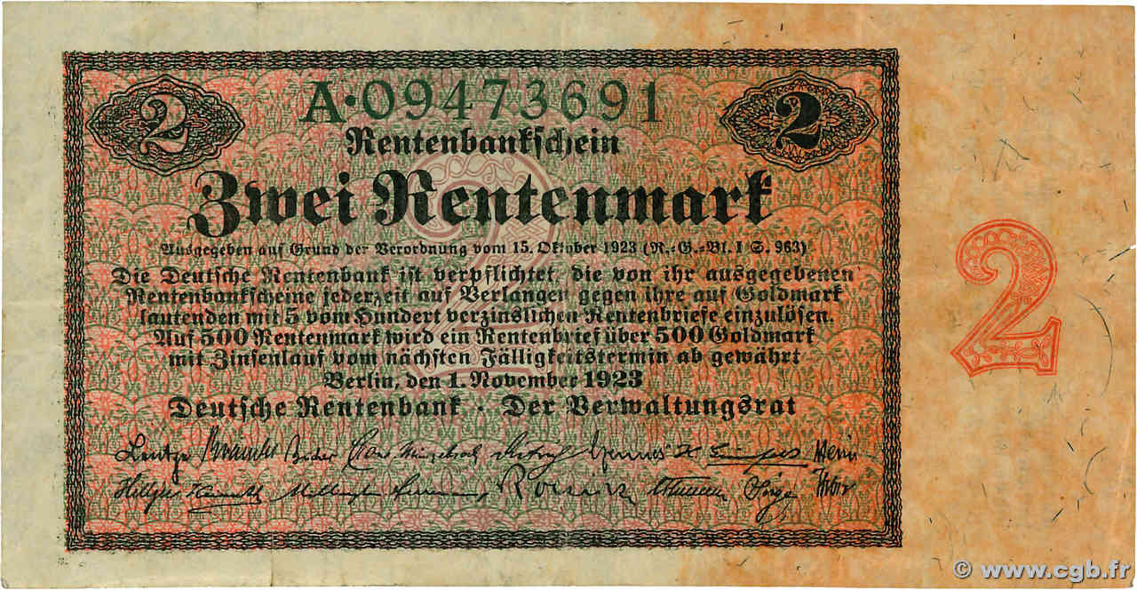 2 Rentenmark ALLEMAGNE  1923 P.162 TB+