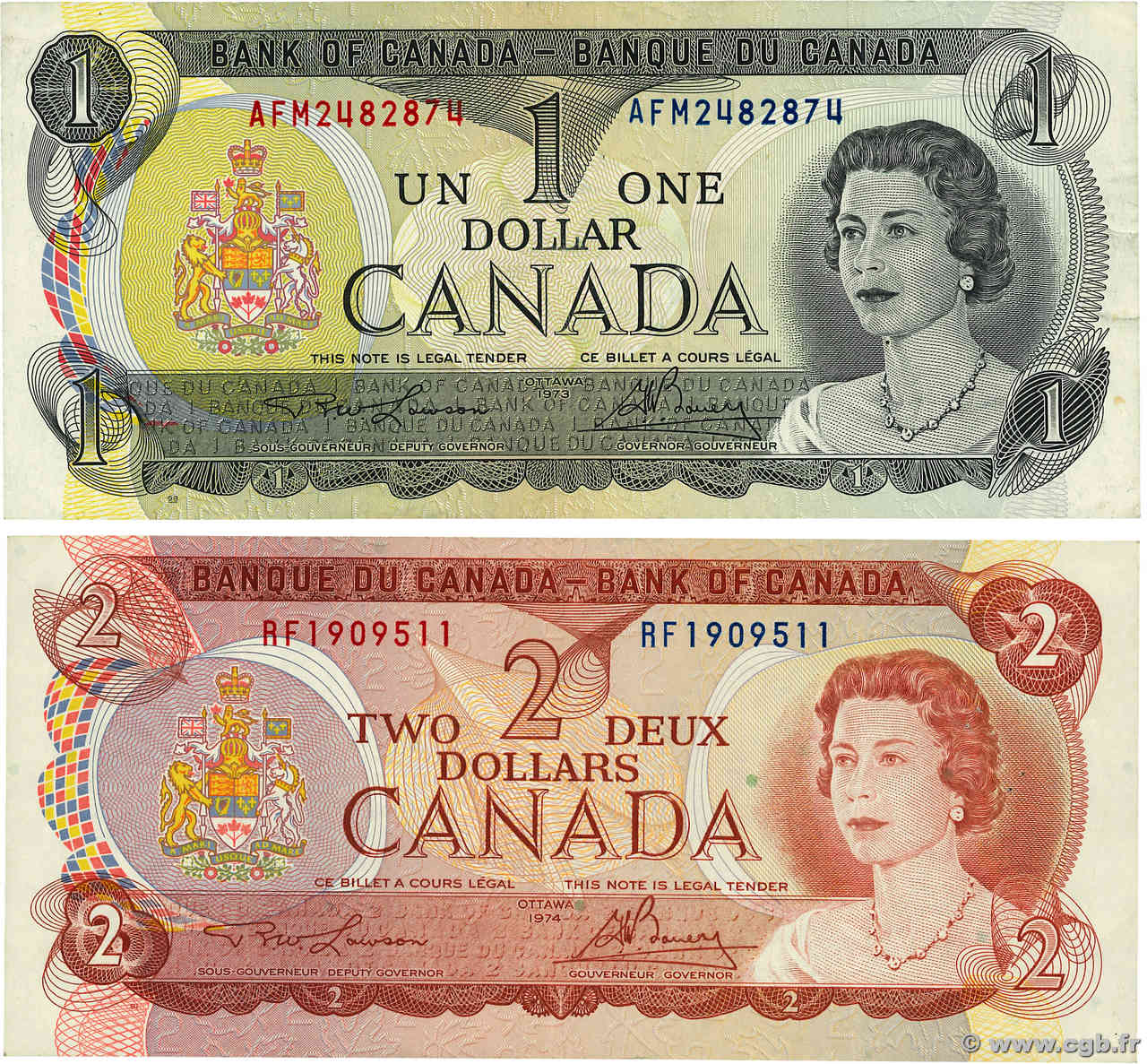 1 et 2 Dollars Lot CANADA  1973 P.085c et P.086a TTB