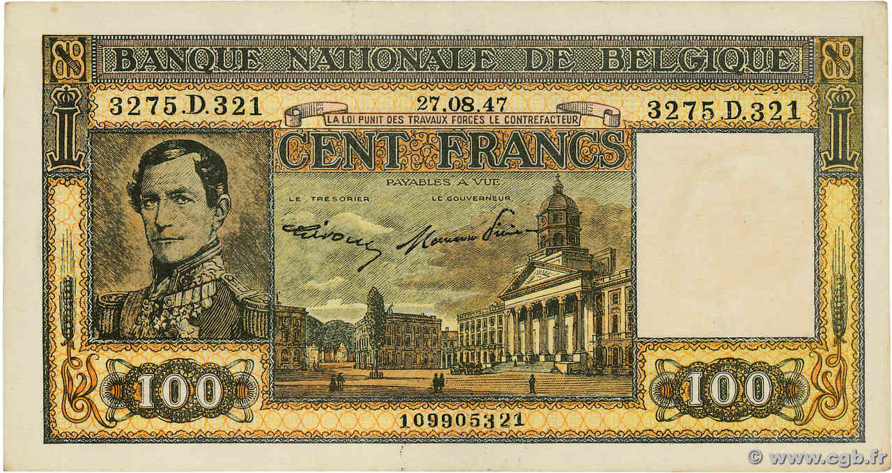 100 Francs BELGIO  1947 P.126 SPL