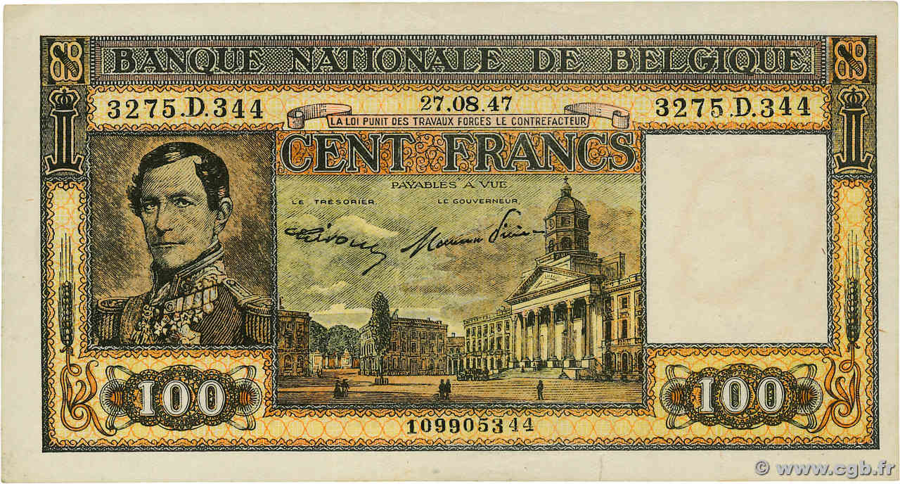 100 Francs BELGIO  1947 P.126 q.SPL