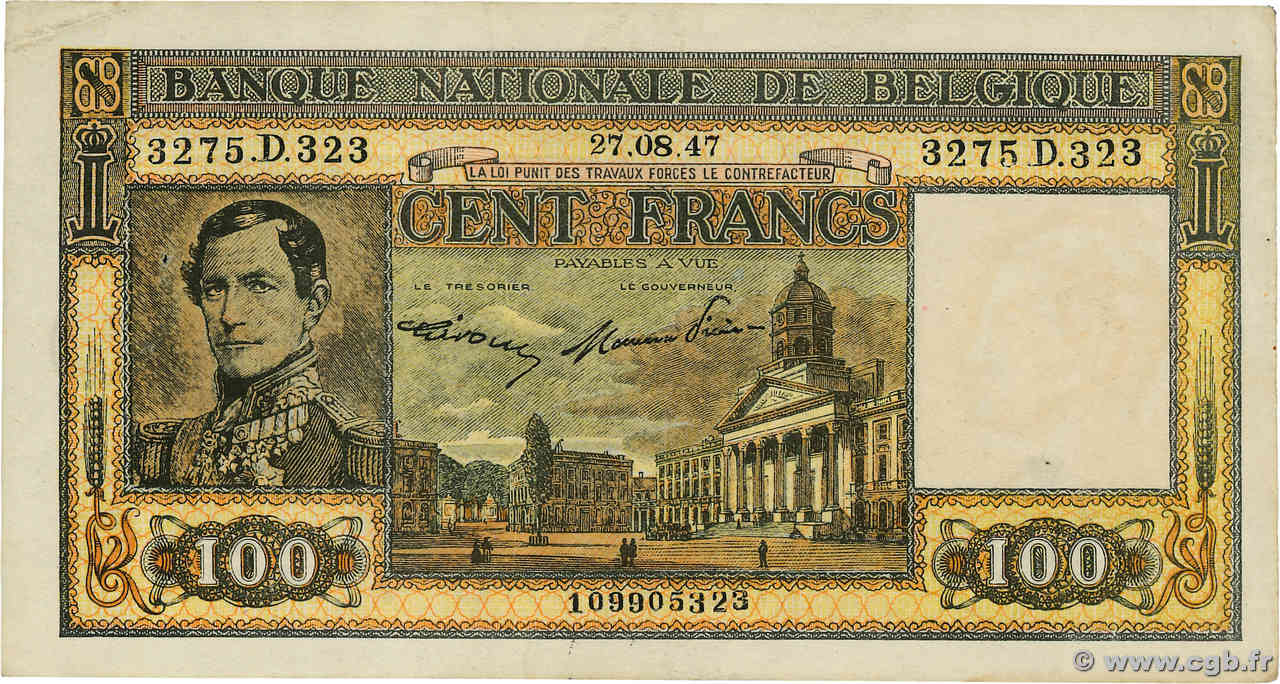 100 Francs BELGIUM  1947 P.126 XF-