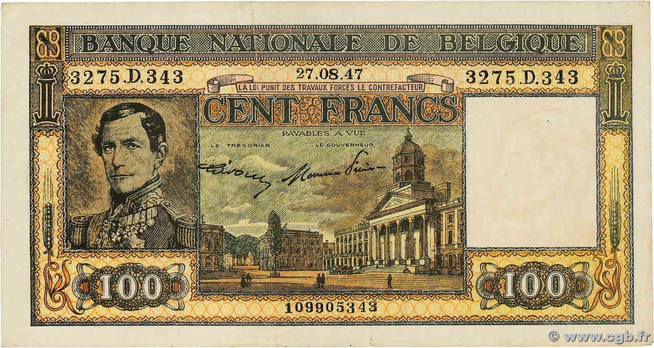 100 Francs BÉLGICA  1947 P.126 EBC