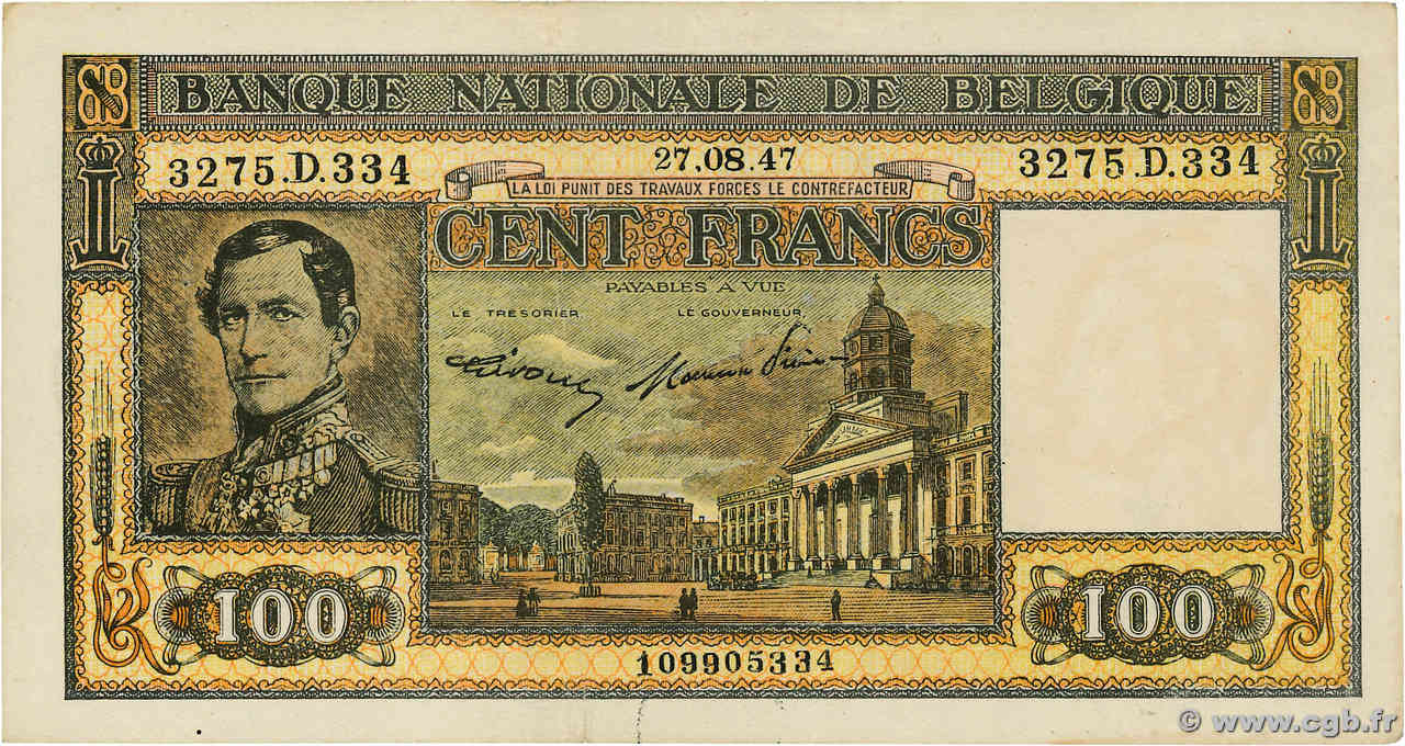 100 Francs BELGIEN  1947 P.126 fVZ