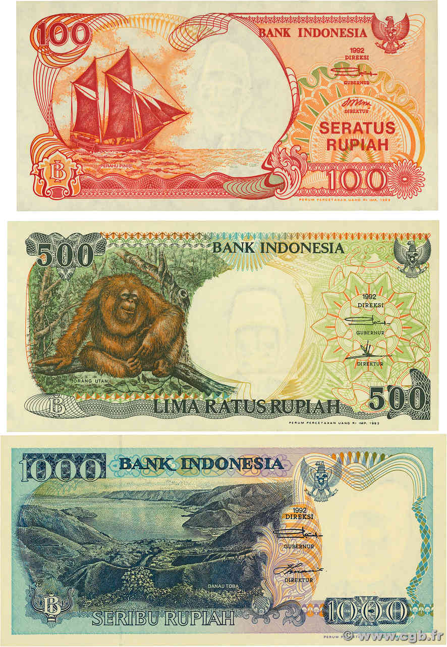 100 à 1000 Rupiah Lot INDONÉSIE  1993 P.127b, P.128a et P.129c pr.NEUF