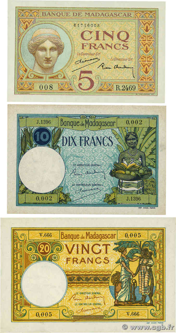 5, 10 et 20 Francs Lot MADAGASCAR  1937 P.035 au P.037 SPL