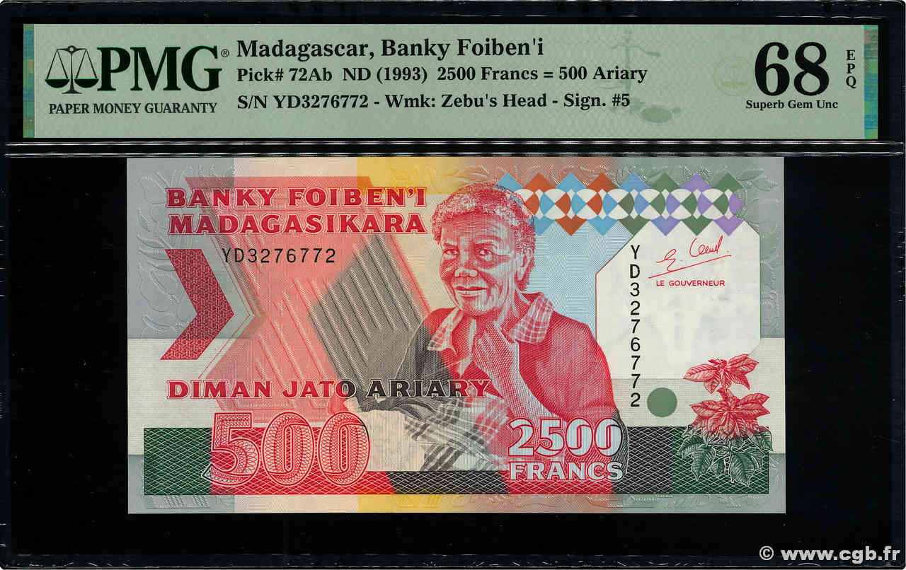 2500 Francs - 500 Ariary MADAGASCAR  1988 P.072Ab UNC