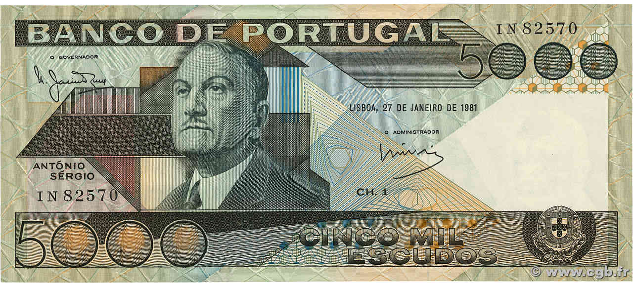 5000 Escudos PORTUGAL  1981 P.182b AU