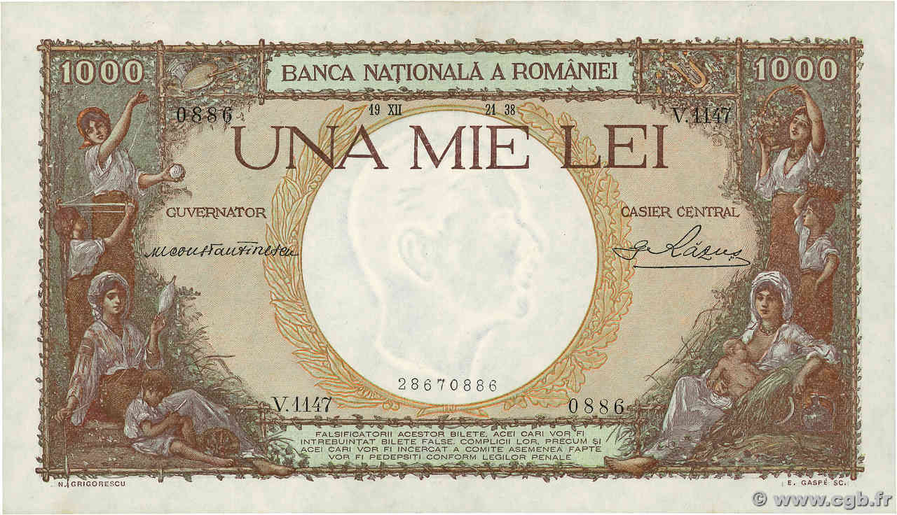 1000 Lei ROMANIA  1938 P.046 AU