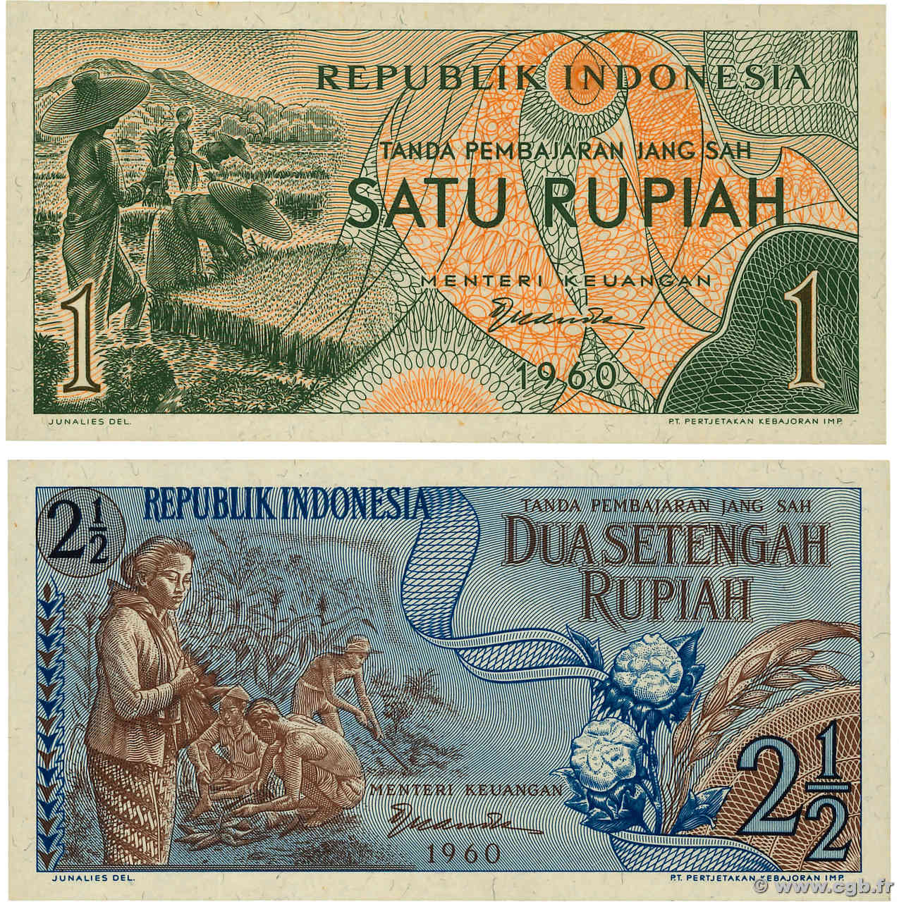 1 et 2,5 Rupiah Lot INDONÉSIE  1960 P.076 et P.077 pr.NEUF