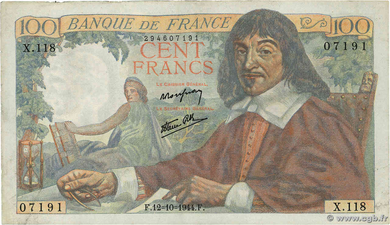 100 Francs DESCARTES FRANCE  1944 F.27.08 TTB