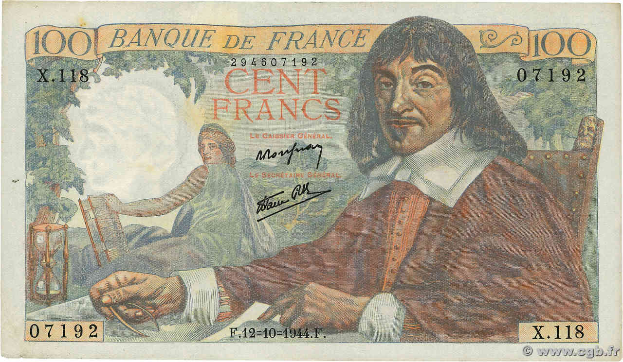 100 Francs DESCARTES FRANCE  1944 F.27.08 TTB+