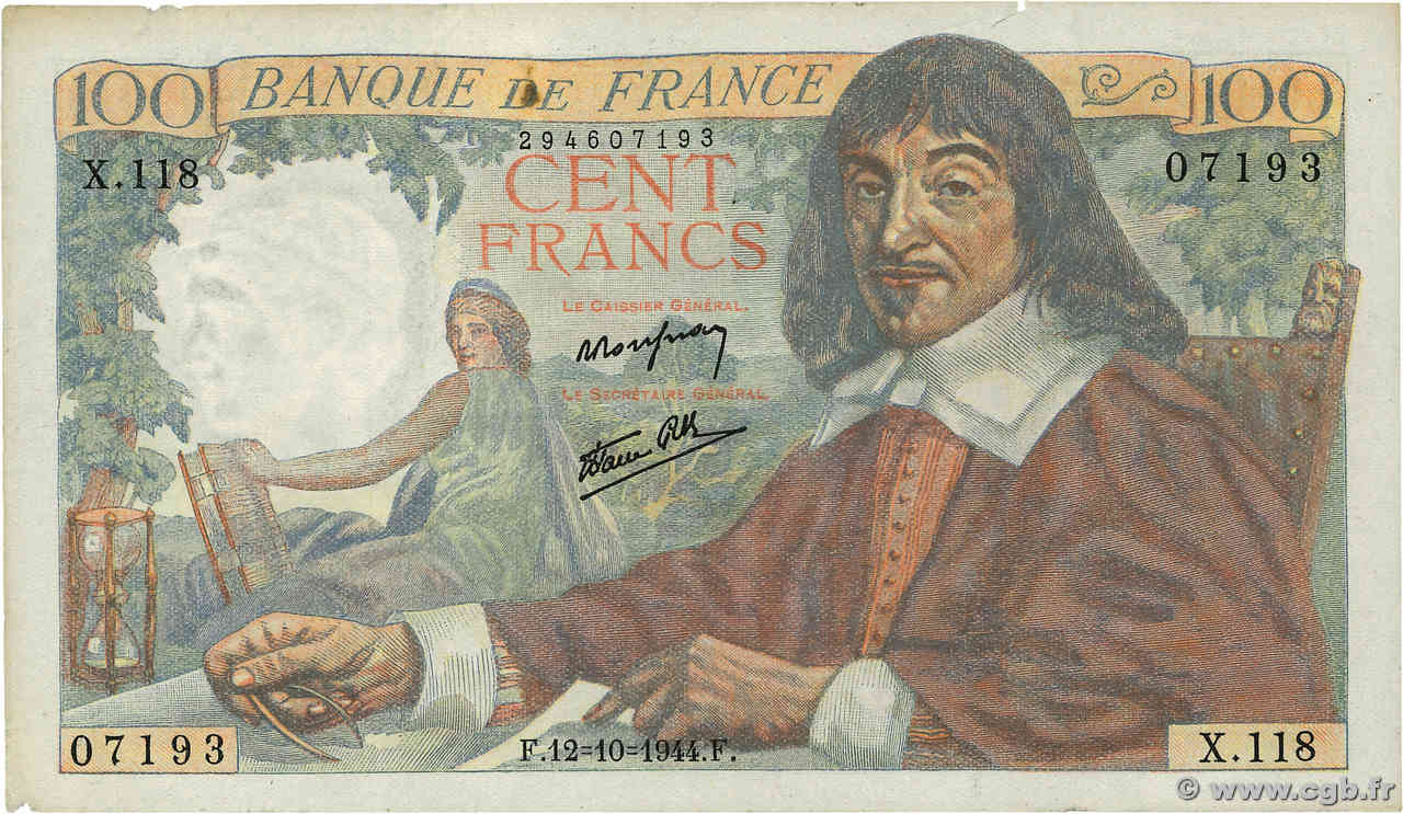 100 Francs DESCARTES FRANCE  1944 F.27.08 TTB