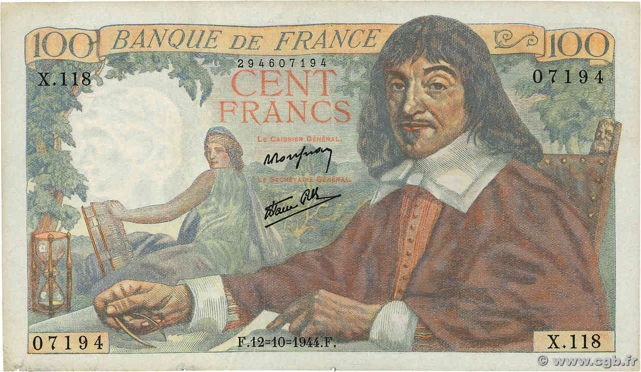 100 Francs DESCARTES FRANCE  1944 F.27.08 TTB+