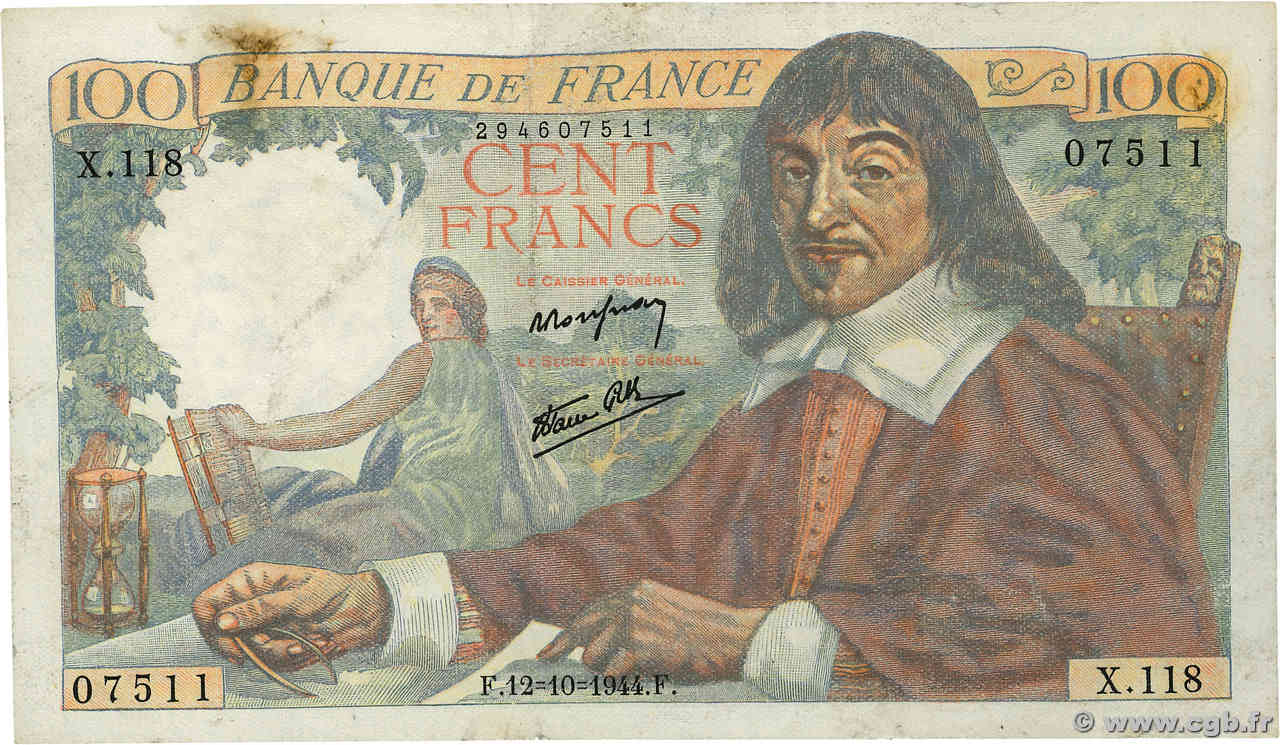 100 Francs DESCARTES FRANCE  1944 F.27.08 TTB+