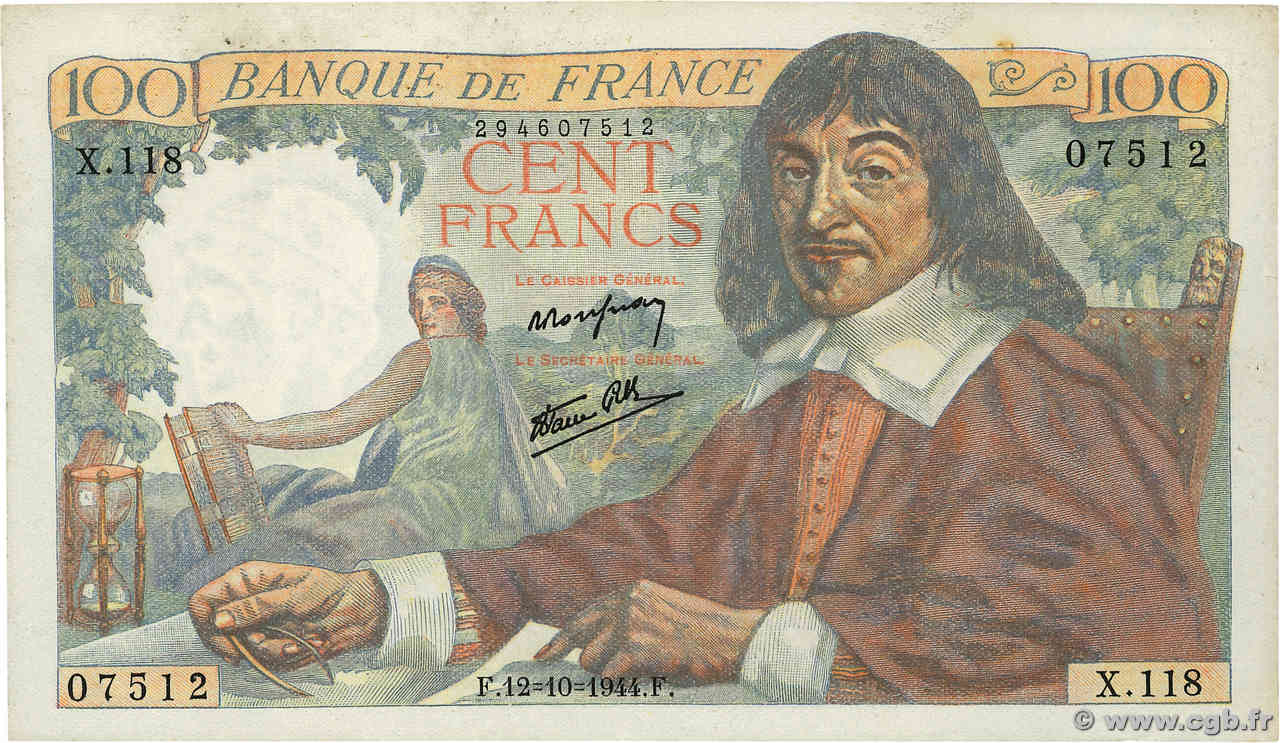 100 Francs DESCARTES FRANCE  1944 F.27.08 SUP+