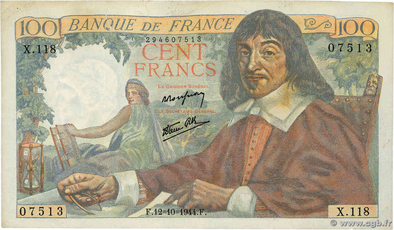 100 Francs DESCARTES FRANCE  1944 F.27.08 TTB