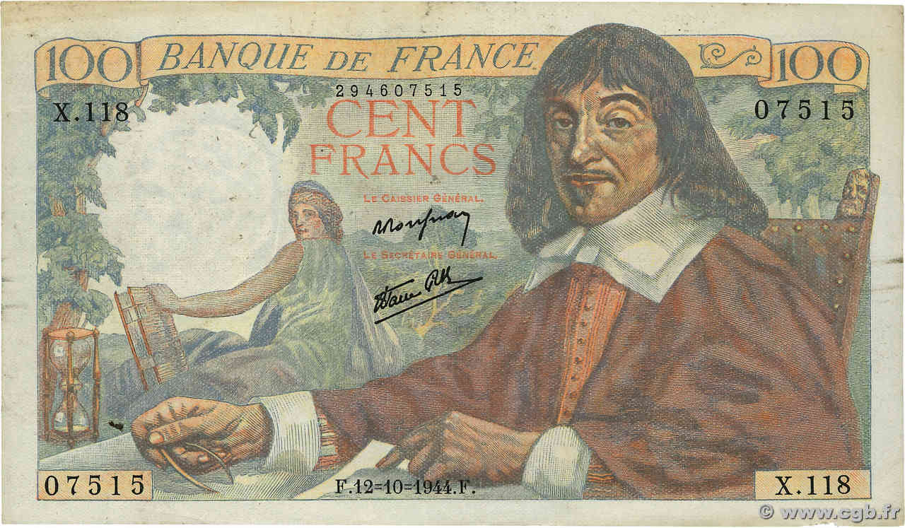 100 Francs DESCARTES FRANCE  1944 F.27.08 TTB+