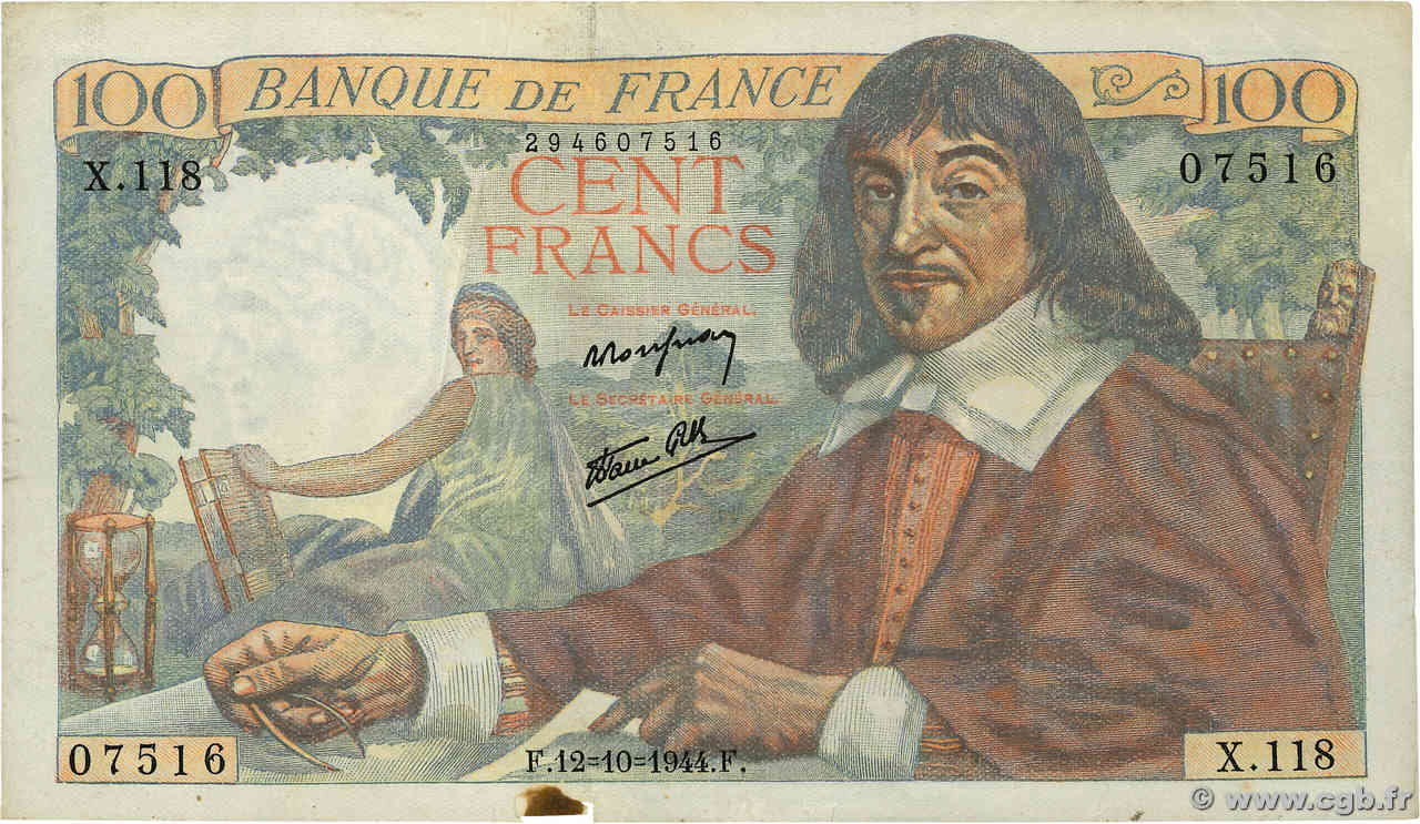 100 Francs DESCARTES FRANCIA  1944 F.27.08 MBC+