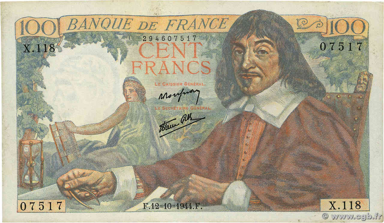 100 Francs DESCARTES FRANCE  1944 F.27.08 pr.SUP