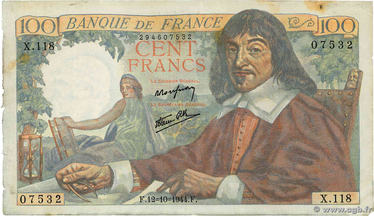 100 Francs DESCARTES FRANCE  1944 F.27.08 TTB