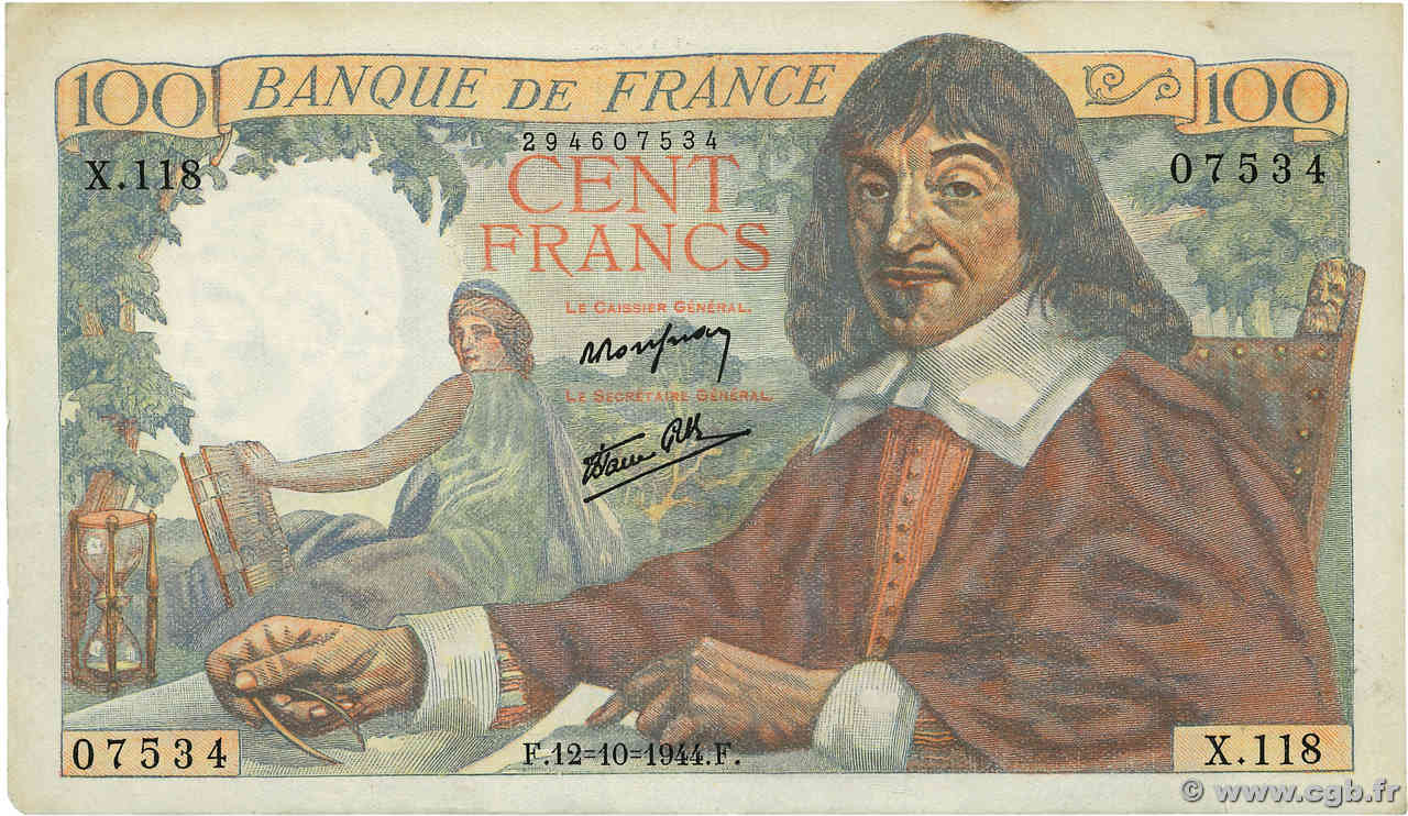 100 Francs DESCARTES FRANCE  1944 F.27.08 VF+