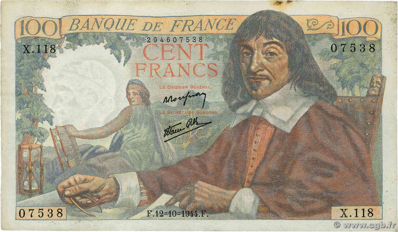 100 Francs DESCARTES FRANCIA  1944 F.27.08 MBC+