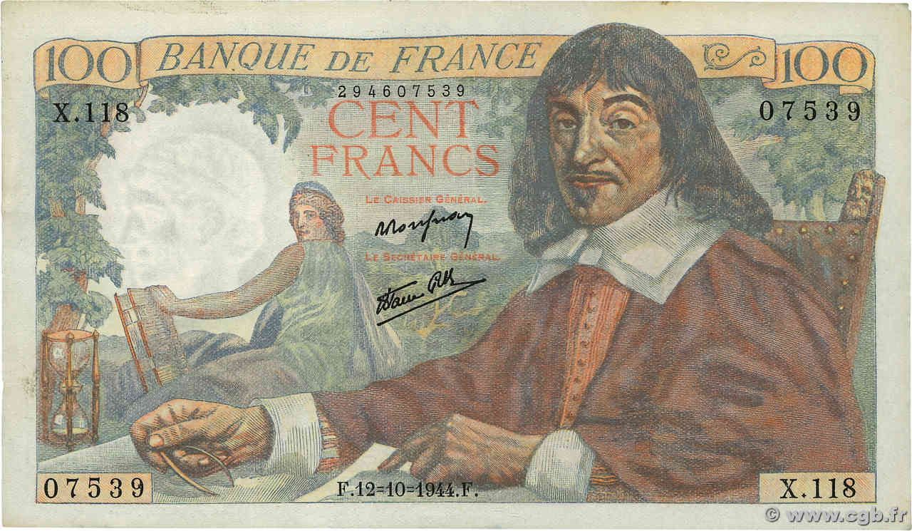 100 Francs DESCARTES FRANCE  1944 F.27.08 pr.SUP