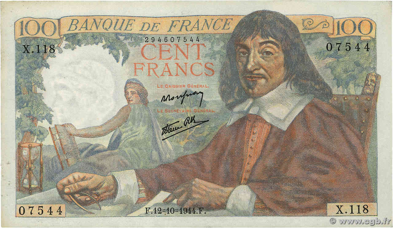 100 Francs DESCARTES FRANCE  1944 F.27.08 pr.SUP