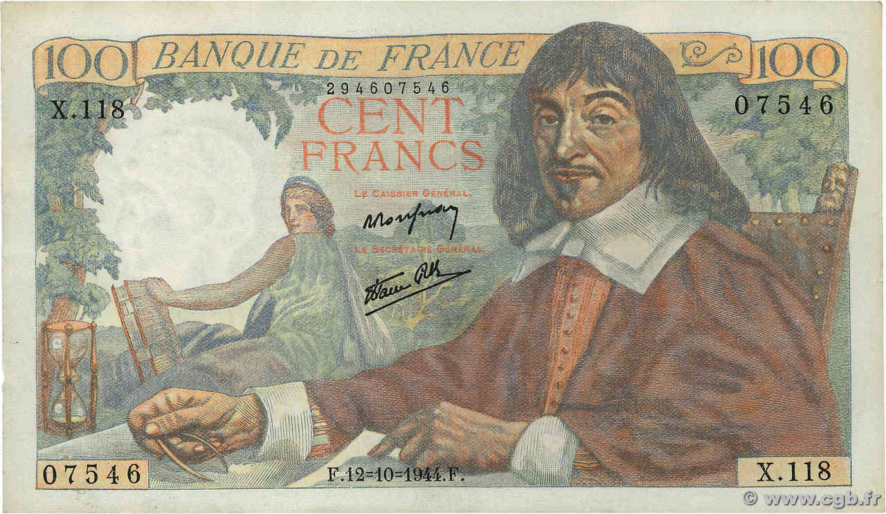 100 Francs DESCARTES FRANCE  1944 F.27.08 SUP