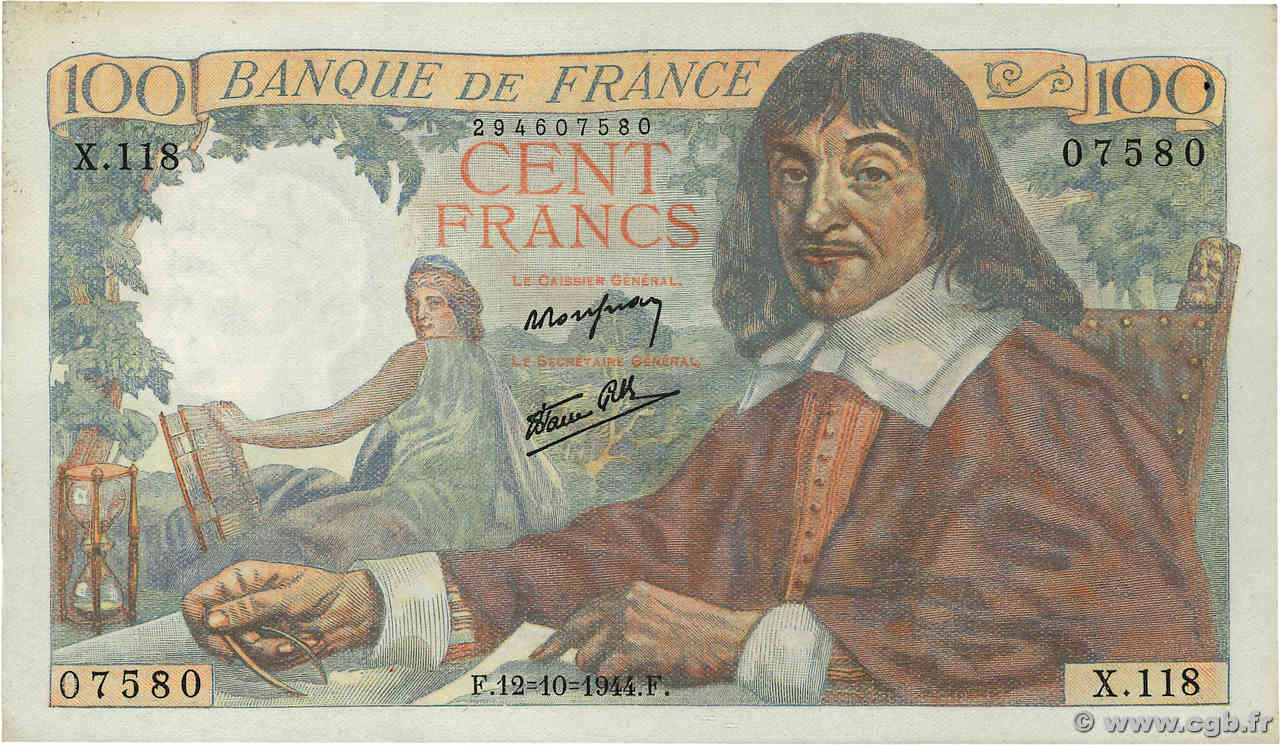 100 Francs DESCARTES FRANCE  1944 F.27.08 SUP