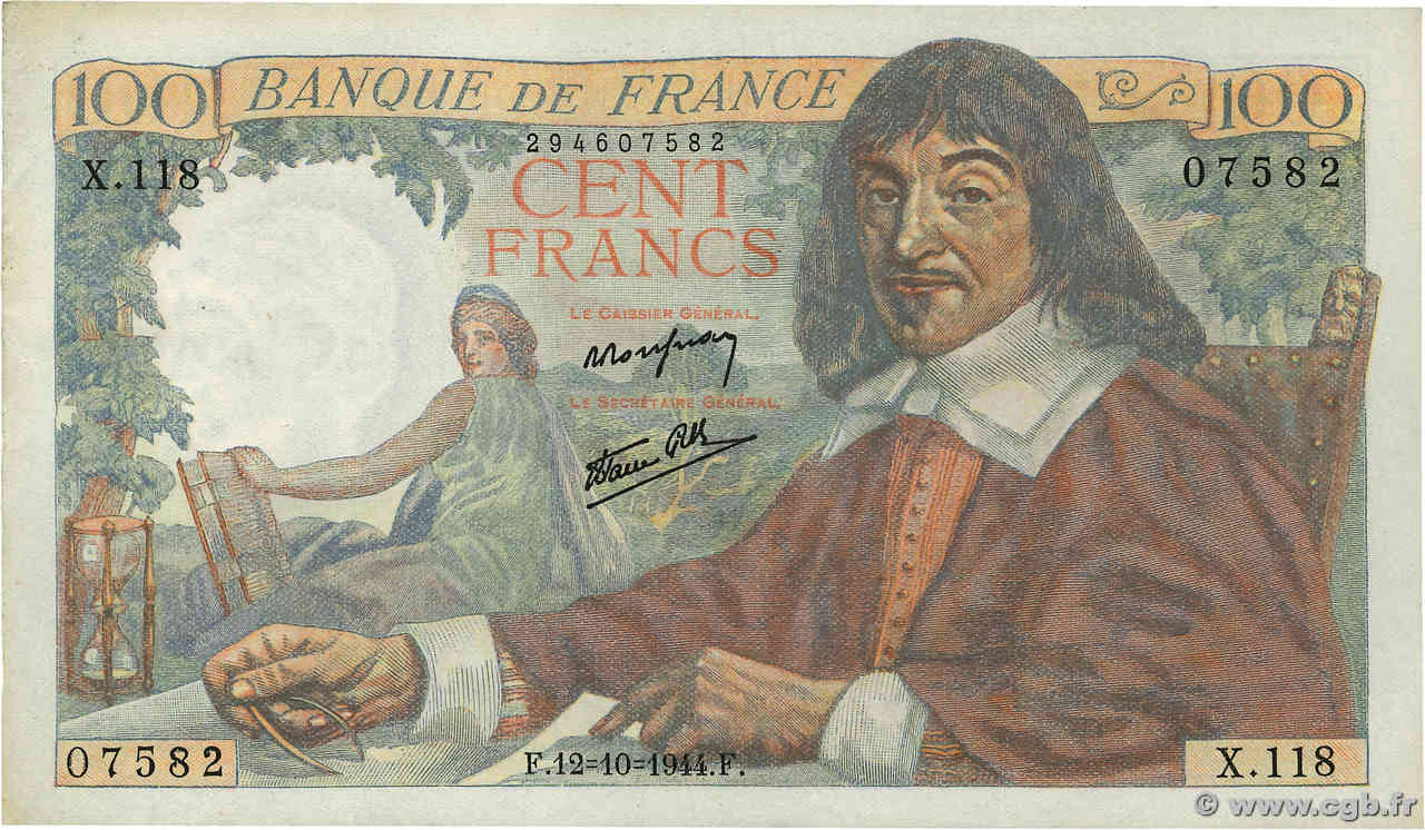 100 Francs DESCARTES FRANCE  1944 F.27.08 pr.SUP