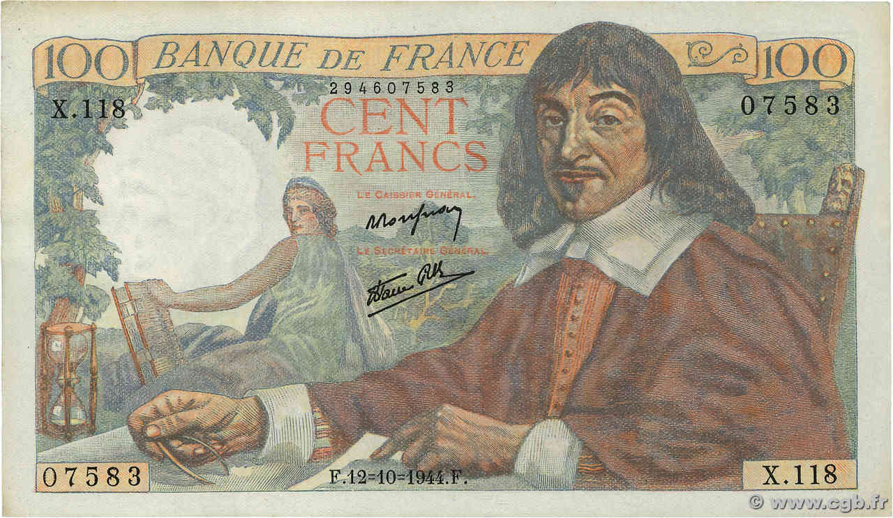 100 Francs DESCARTES FRANCE  1944 F.27.08 SUP