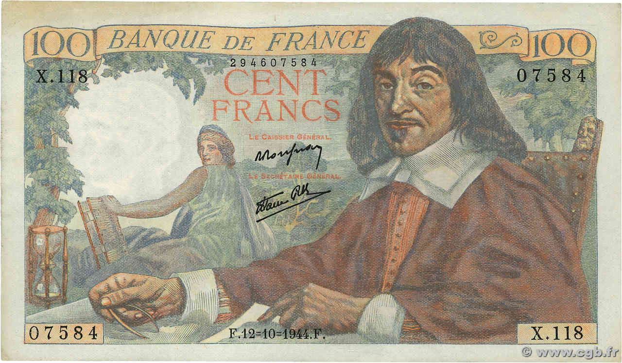 100 Francs DESCARTES FRANCE  1944 F.27.08 pr.SUP