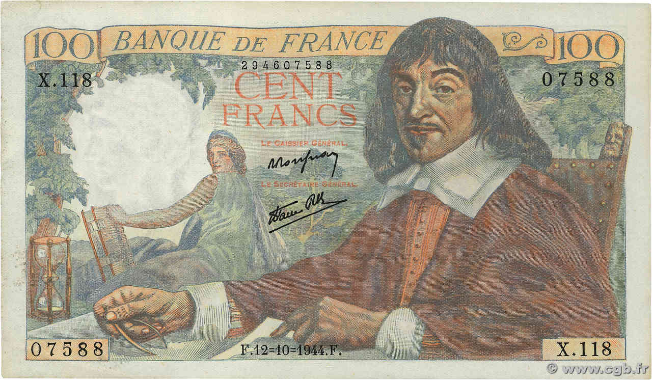 100 Francs DESCARTES FRANCE  1944 F.27.08 pr.SUP