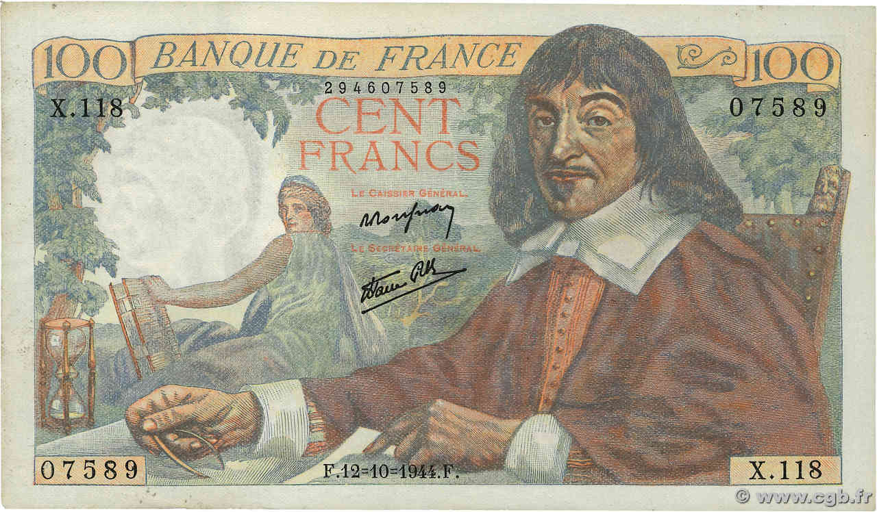 100 Francs DESCARTES FRANCE  1944 F.27.08 pr.SUP