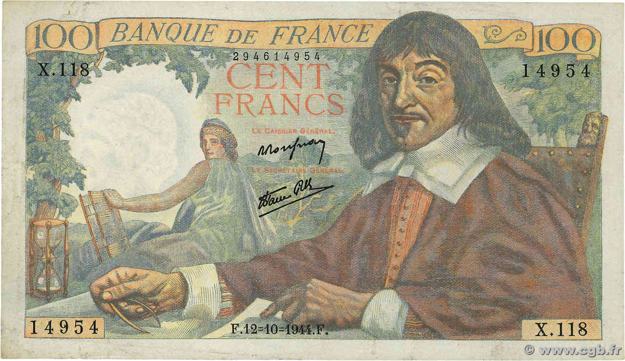 100 Francs DESCARTES FRANCE  1944 F.27.08 pr.SUP