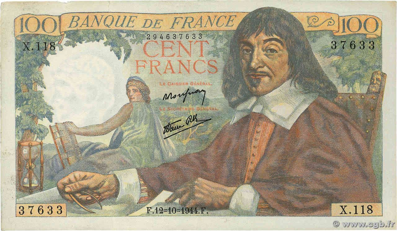 100 Francs DESCARTES FRANCE  1944 F.27.08 TTB+