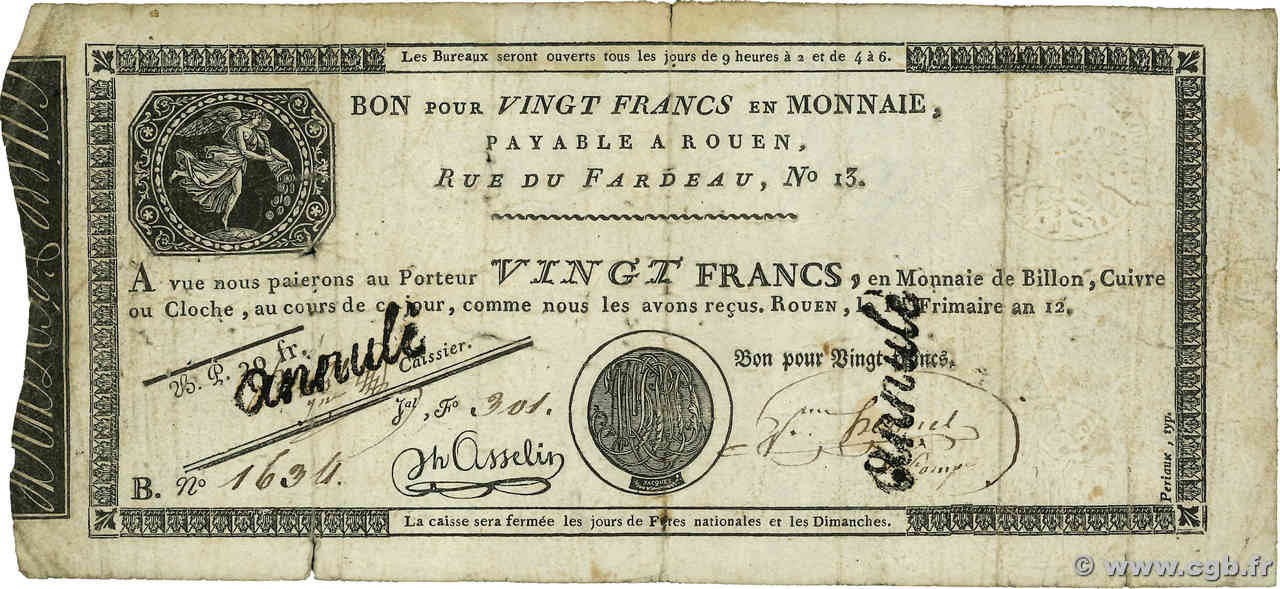 20 Francs Annulé FRANCIA Rouen 1803 PS.245b q.MB