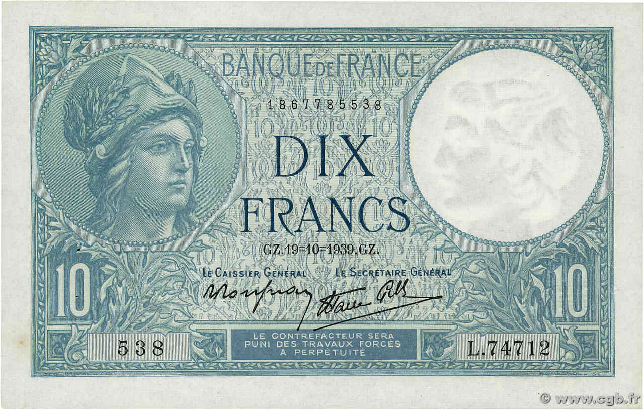 10 Francs MINERVE modifié FRANCIA  1939 F.07.12 AU