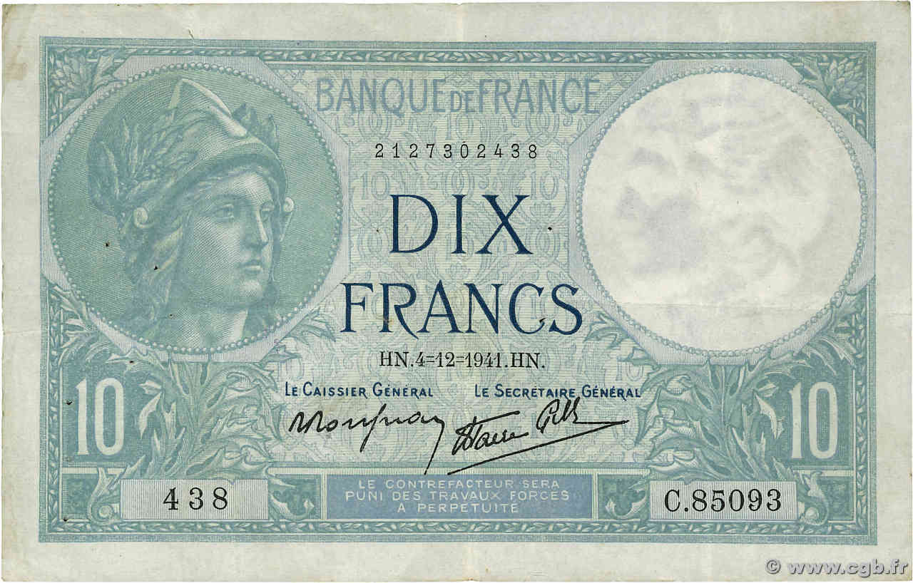 10 Francs MINERVE modifié FRANCIA  1941 F.07.30 BB
