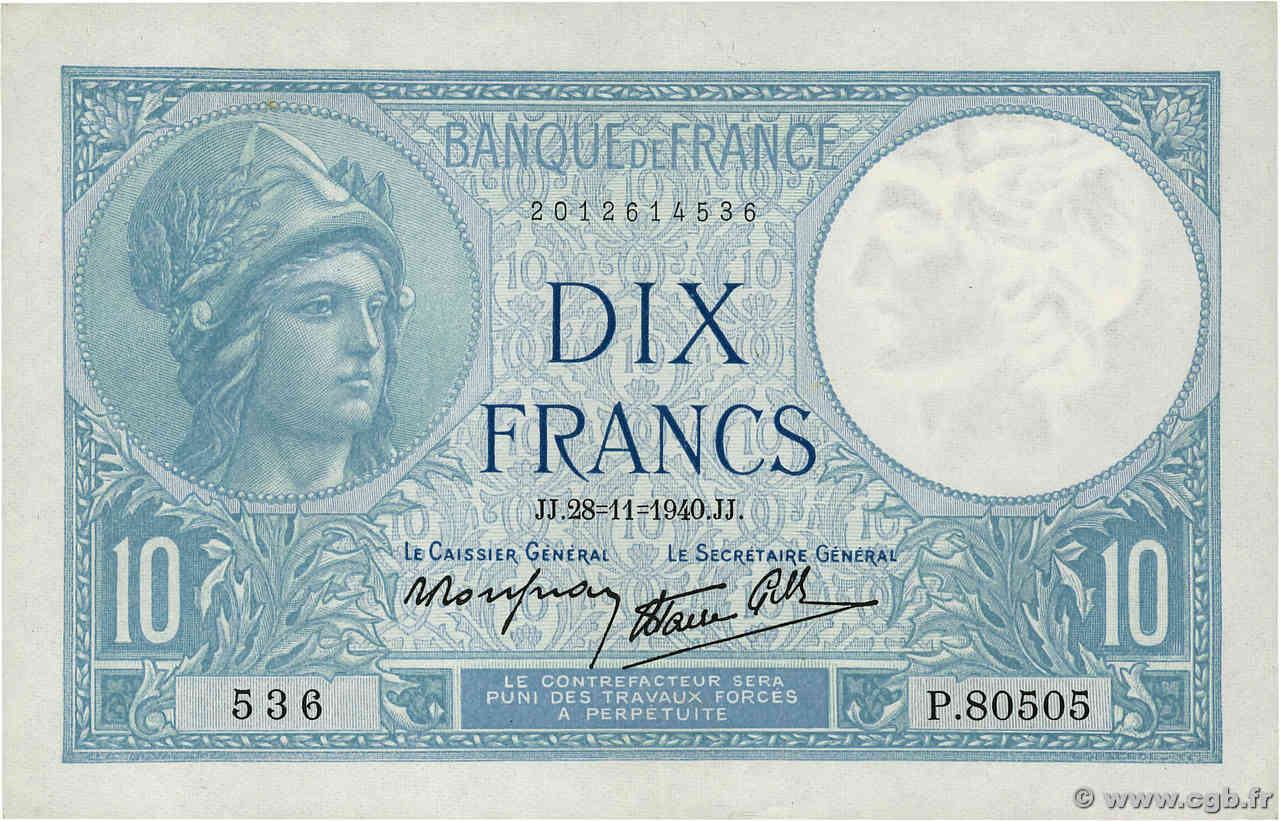 10 Francs MINERVE modifié FRANCIA  1940 F.07.22 q.AU