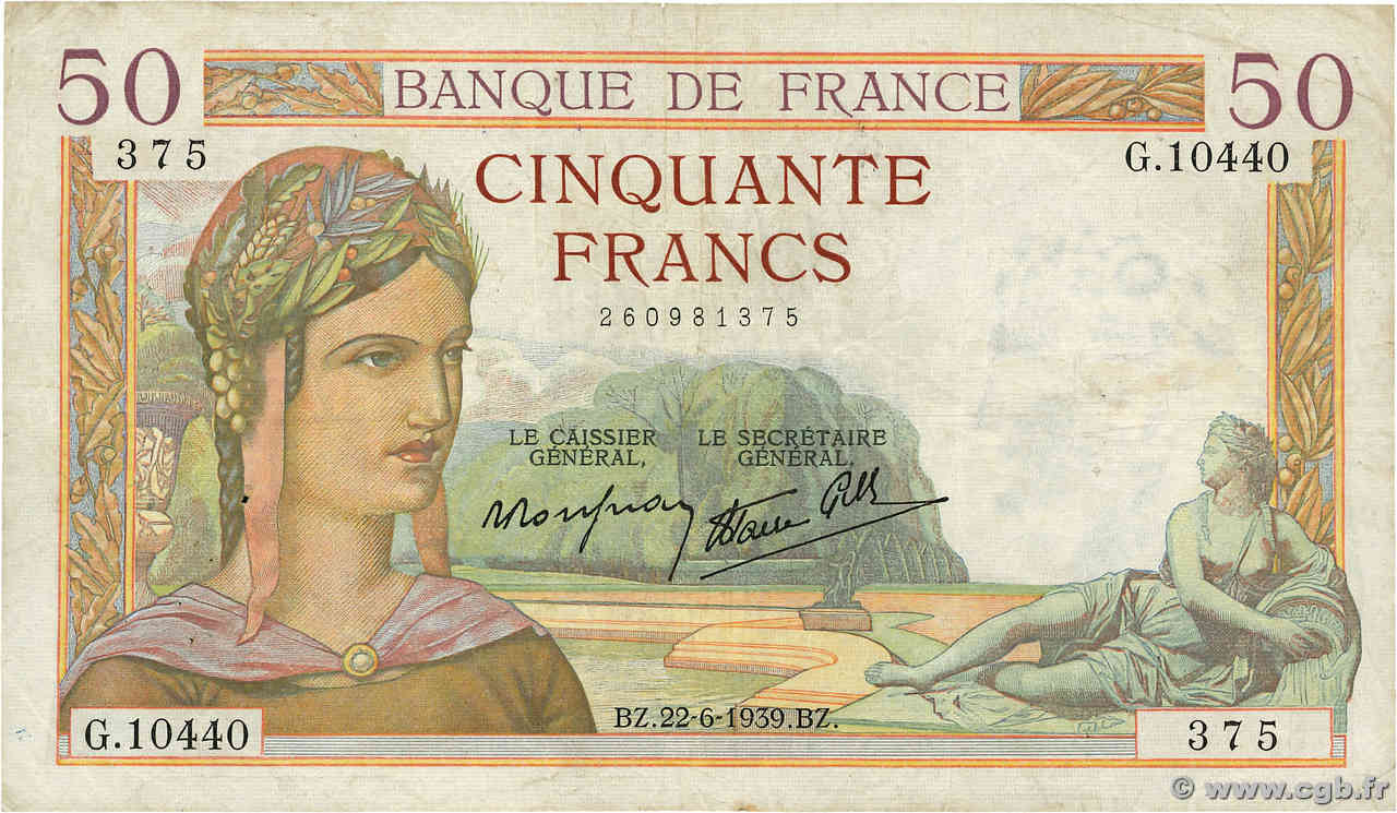 50 Francs CÉRÈS modifié FRANCIA  1939 F.18.27 q.MB