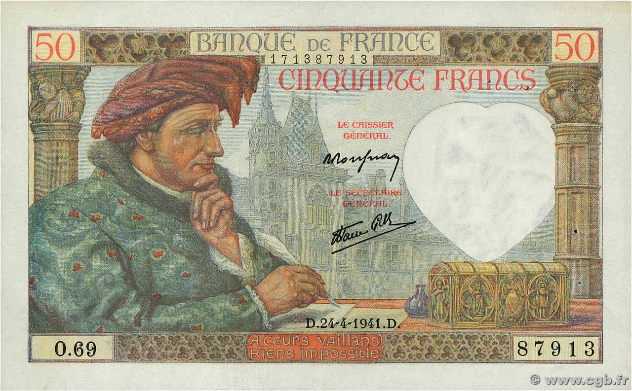 50 Francs JACQUES CŒUR FRANCIA  1941 F.19.09 q.SPL