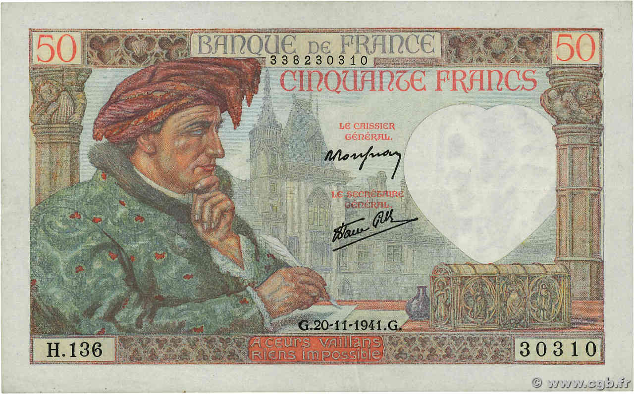 50 Francs JACQUES CŒUR FRANCIA  1941 F.19.16 q.SPL