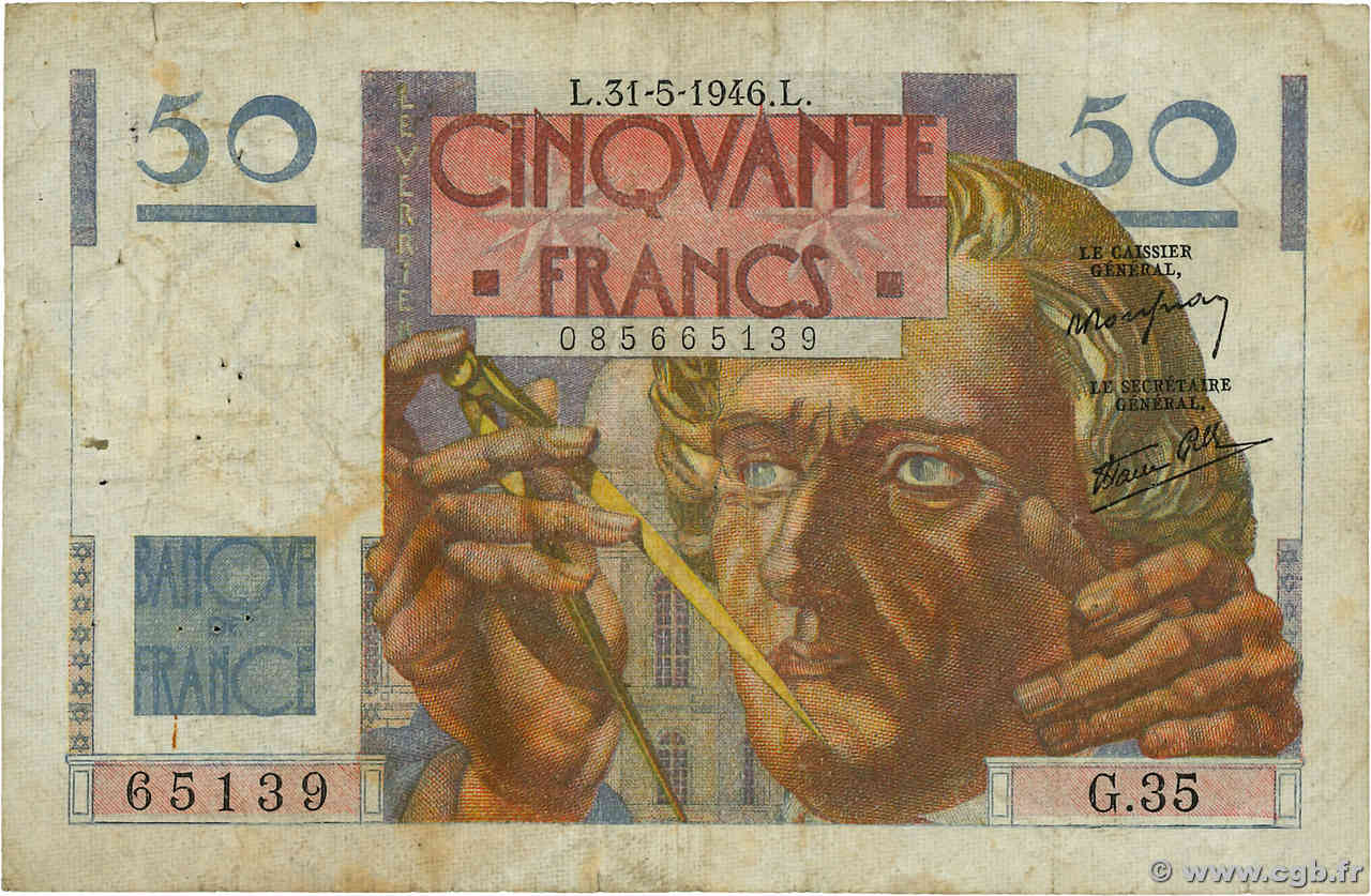 50 Francs LE VERRIER FRANCE  1946 F.20.05 B+