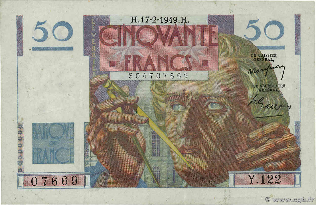 50 Francs LE VERRIER FRANCIA  1949 F.20.11 q.SPL