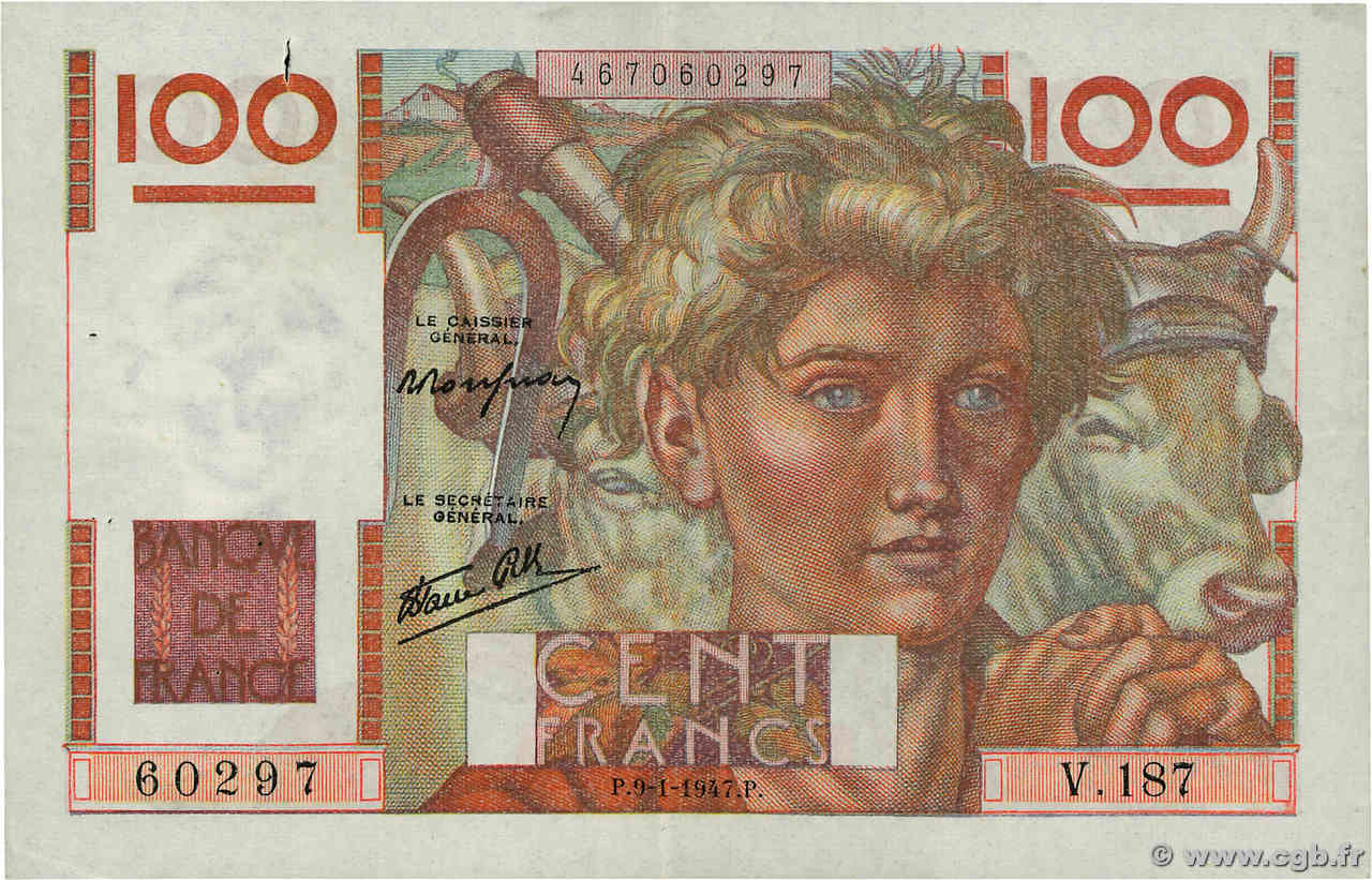 100 Francs JEUNE PAYSAN FRANCE  1947 F.28.13 TTB+